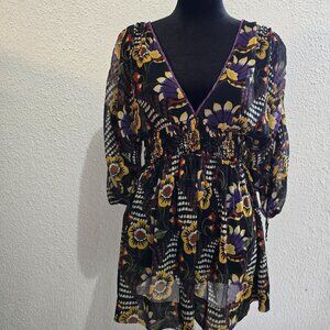 Floral Sheer V-Neck Tunic Dress With Elastic Waist & 3/4 Sleeves Size M